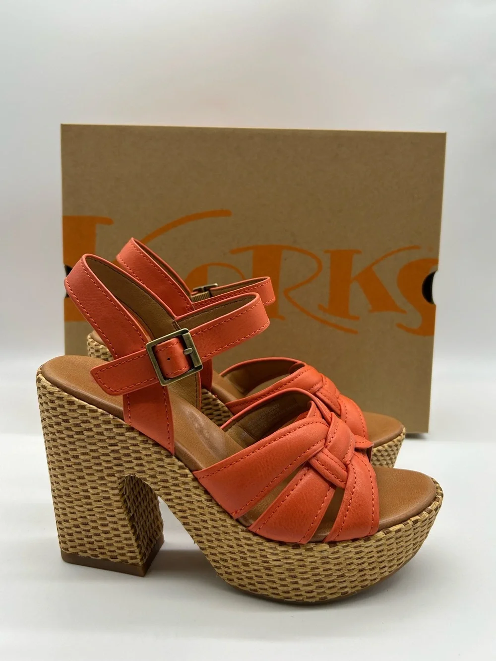 Korks Dee Orange Platform Sandals Size 6 Woven Block Heel Slingback NIB